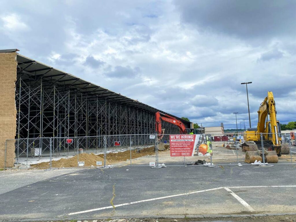 View of the removed façade and ongoing construction at the former Shaw's in Leominster.