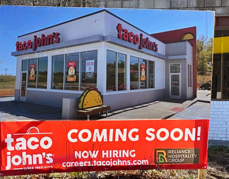 Taco John's coming soon sign in Leominster, MA.